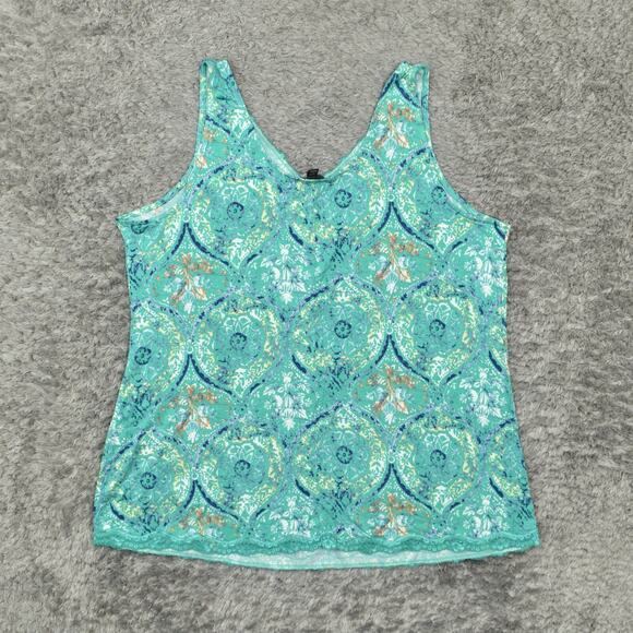 Lane Bryant Women's Size 18/20 Basic Sleeveless Green Geometric Rayon V-Neck - Picture 2 of 8